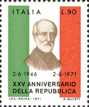Francobollo Ritratto di Giuseppe Mazzini e Tricolore -  1971