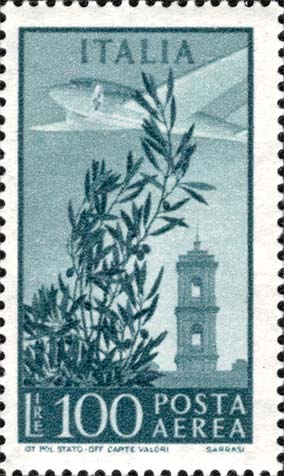 Francobollo Ulivo, Aeroplano e Torre del Campidoglio -  1971