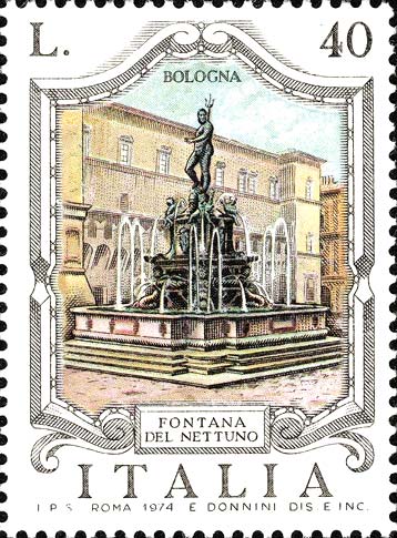 Francobollo Fontana del Nettuno, a Bologna -  1974