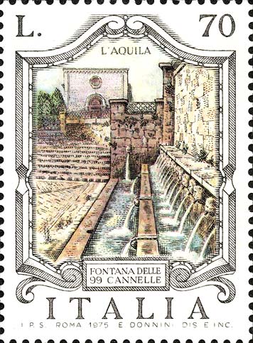 Francobollo Fontana delle 99 Cannelle, a L'Aquila -  1975