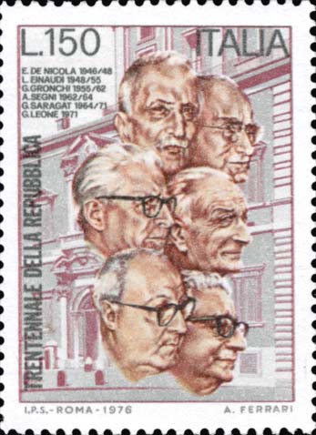 Francobollo Ritratti dei Presidenti della Repubblica Italiana: De Nicola, Einaudi, Gronchi, Segni, Saragat e Leone -  1976