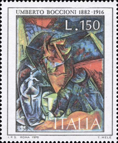 Francobollo Scomposizione di Figura di Donna a Tavola, Opera di Boccioni -  1976