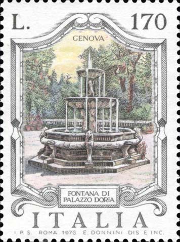 Francobollo Fontana del Cortile di Palazzo Doria, a Genova -  1976