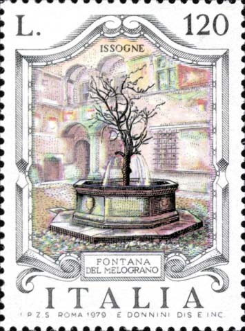 Francobollo Fontana del Melograno, a Castello d'Issogne -  1979