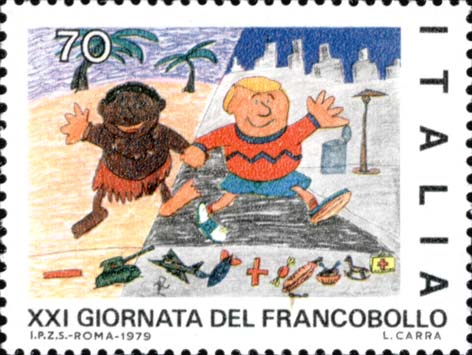 Francobollo Bambino Nero che dà la Mano a Bambino Bianco -  1979