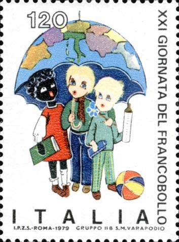 Francobollo Bambini di Varie Razze Sotto un Unico Ombrello a Forma di Globo -  1979