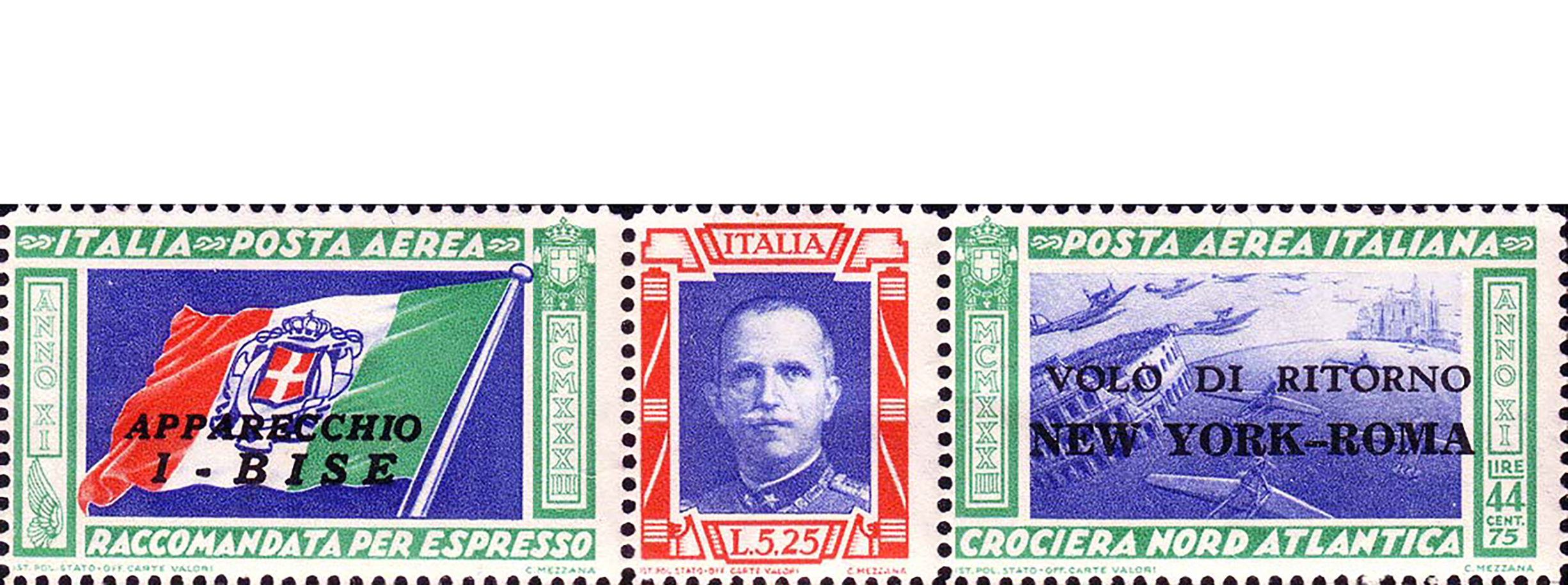 Francobollo Bandiera Italiana, Ritratto di Vittorio Emanuele III, Idrovolanti in Volo, Colosseo e Veduta di Chicago -  1933