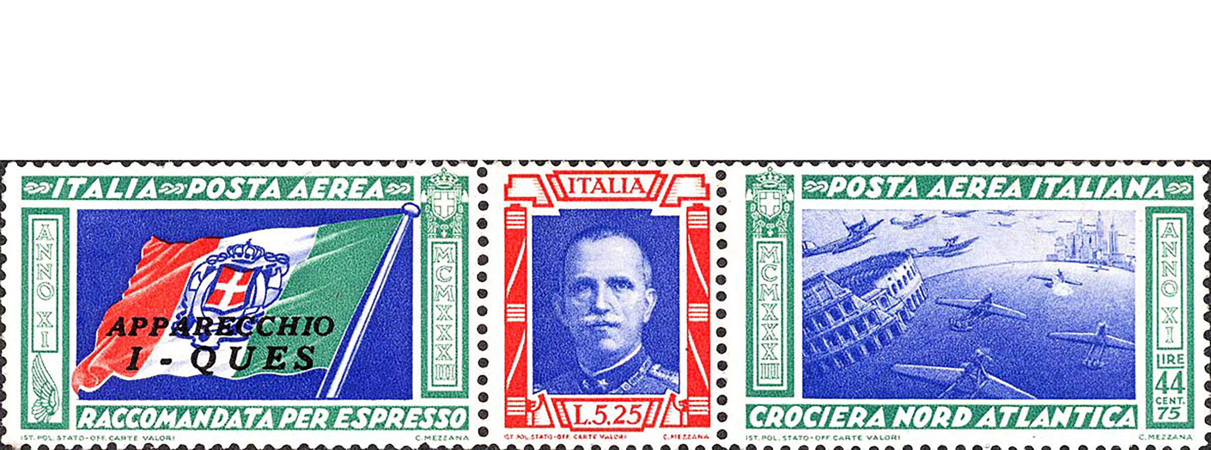Francobollo Bandiera Italiana, Ritratto di Vittorio Emanuele III, Idrovolanti in Volo, Colosseo e Veduta di Chicago -  1933