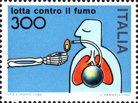 Francobollo Mano Scheletrica che Accende una Sigaretta ad un Fumatore -  1982