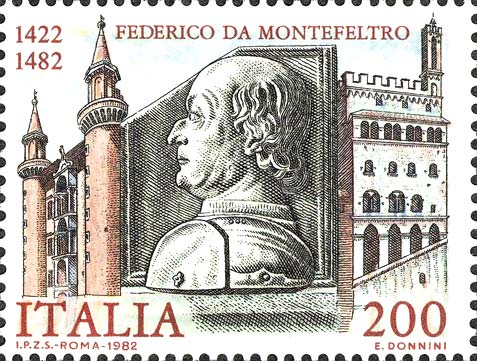 Francobollo Ritratto di Federico da Montefeltro, Palazzo Ducale di Urbino e Palazzo dei Consoli di Gubbio -  1982