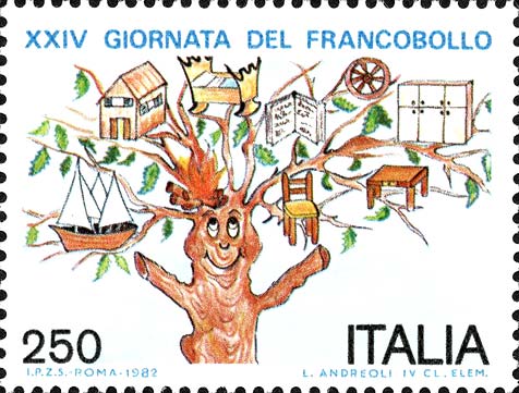 Francobollo Albero che Sostiene Oggetti in Legno -  1982