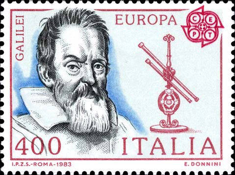 Francobollo Ritratto di Galileo Galilei e Telescopio -  1983
