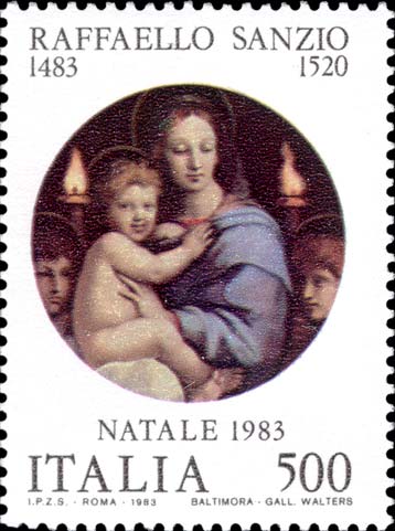 Francobollo Madonna dei Candelabri, Dipinto di Raffaello Sanzio -  1983