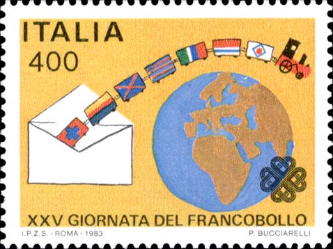 Francobollo Bandiere che Escono da una Busta e Globo -  1983