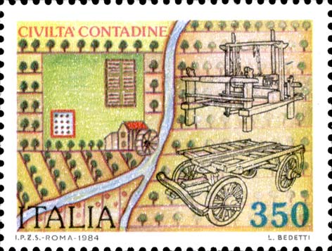Francobollo Telaio, Carro Agricolo e Paesaggio Agricolo -  1984