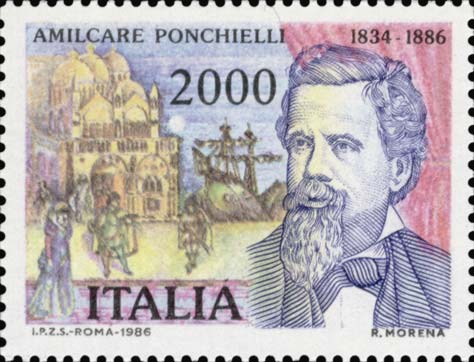 Francobollo Ritratto di Amilcare Ponchielli e la Gioconda -  1986