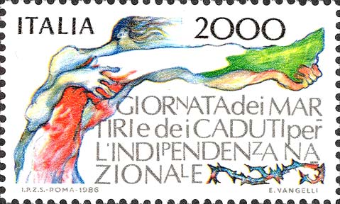 Francobollo Uomo che Tiene la Bandiera Italiana -  1986