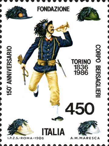 Francobollo Bersagliere e Cappelli da Bersagliere -  1986