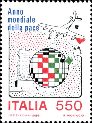 Francobollo Aereo e Globo Formato da Quadrati dei Colori Italiani -  1986