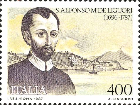 Francobollo Ritratto di Alfonso de Liguori e Golfo di Napoli -  1987