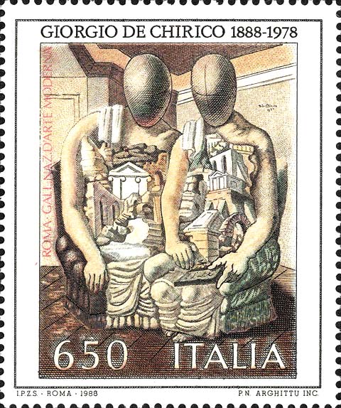 Francobollo Gli Archeologi, Dipinto di Giorgio de Chirico -  1988