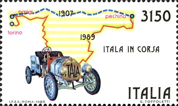 Francobollo Autovettura Itala e Percorso Parigi - Pechino -  1989