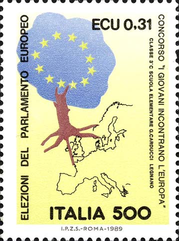 Francobollo Cartina Geografica d'Europa e Albero la cui Chioma è Formata dalla Bandiera dell'Europa -  1989