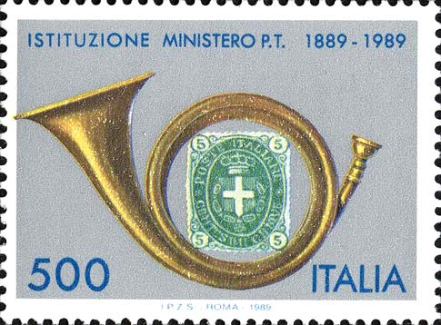 Francobollo Corno di Posta e 5 c. del 1889 -  1989