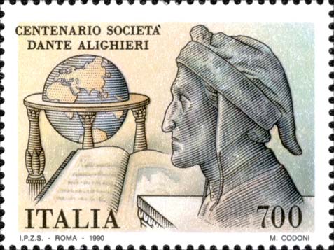 Francobollo Ritratto di Dante Alighieri e Mappamondo -  1990