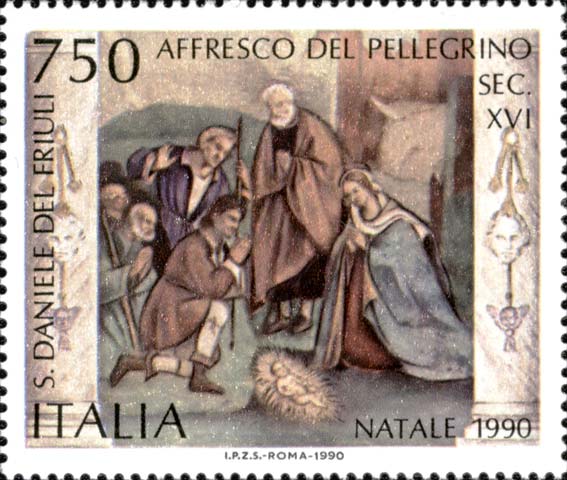 Francobollo L'Adorazione dei Pastori, Dipinto di Emidio Vangelli -  1990