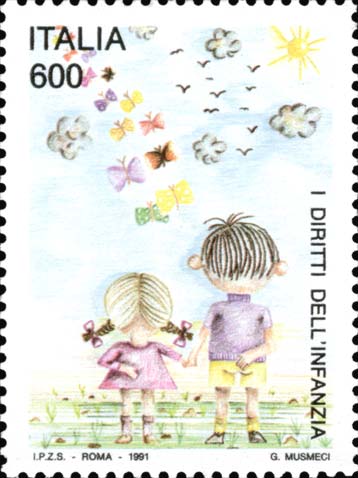 Francobollo Bambino e Bambina Visti di Schiena e Farfalle -  1991