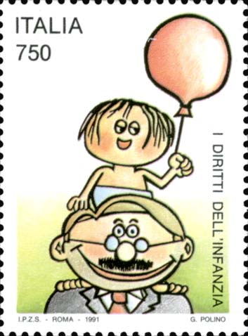 Francobollo Bambino con Palloncino sulle Spalle del Papà -  1991