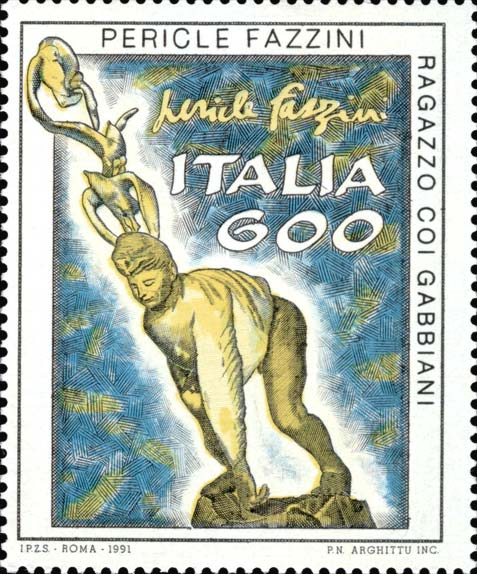 Francobollo Ragazzo con Gabbiani, Opera di Pericle Fazzini -  1991