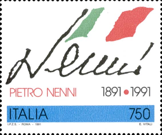 Francobollo Firma di Pietro Nenni e Bandiera Italiana -  1991