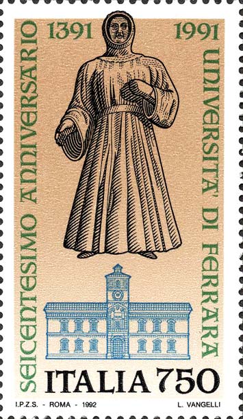 Francobollo Statua di Alberto V d'Este e Università di Ferrara -  1992