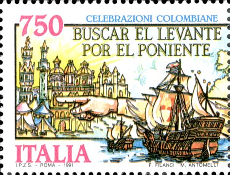 Francobollo Veliero e Mano di Colombo (Parte SX) -  1991