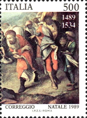 Francobollo Adorazione dei Magi, Dipinto del Correggio (Parte DX) -  1989