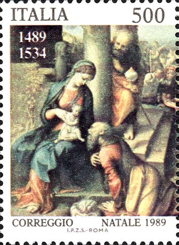 Francobollo Adorazione dei Magi, Dipinto del Correggio (Parte SX) -  1989