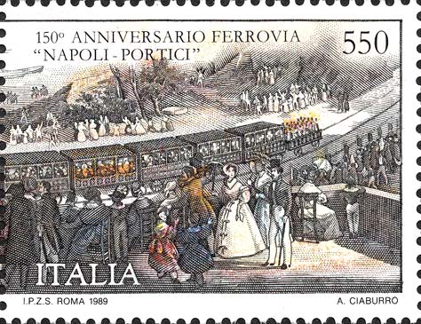 Francobollo Inaugurazione della Ferrovia Napoli-Portici, Dipinto di Fergola (Parte DX) -  1989