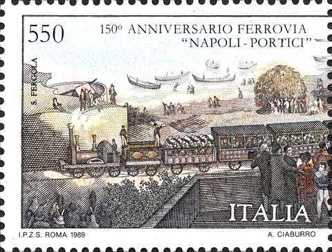Francobollo Inaugurazione della Ferrovia Napoli-Portici, Dipinto di Fergola (Parte SX) -  1989