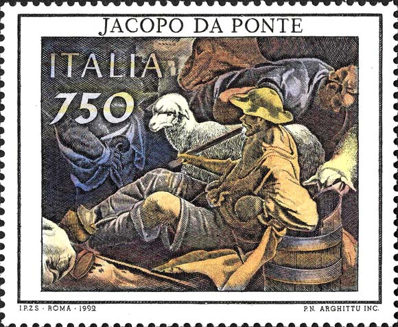 Francobollo Adorazione dei Pastori, Dipinto di Jacopo da Ponte -  1992