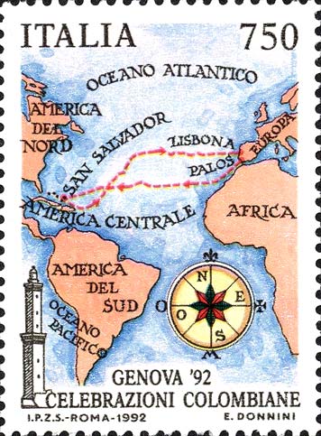 Francobollo Carta Geografica col Tragitto del Primo Viaggio di Colombo -  1992