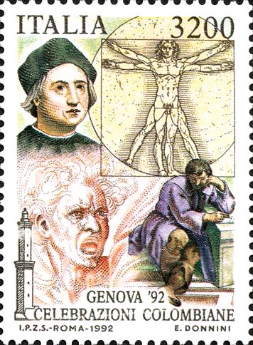 Francobollo Ritratto di Colombo, l'Uomo Vitruviano di Leonardo, "la Furia" di Michelangelo e Ritratto di Michelangelo -  1992