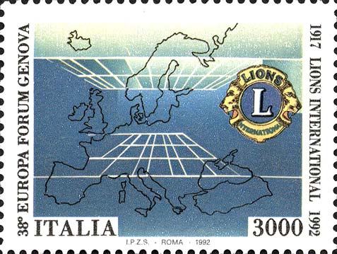Francobollo Carta Geografica dell'Europa e Simbolo del Lions Club -  1992