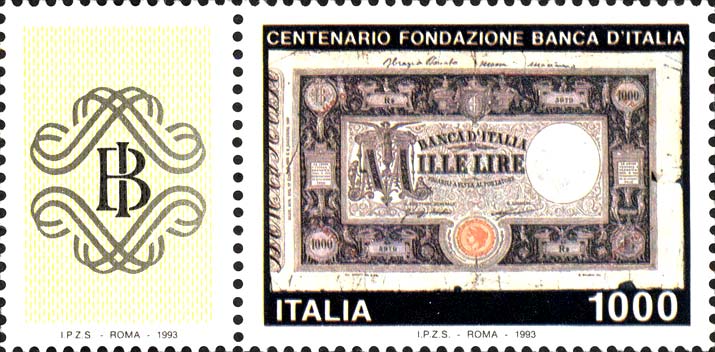 Francobollo La Prima Banconota da Mille Lire d'Italia -  1993