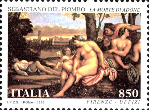 Francobollo La Morte di Adone, Dipinto di del Piombo, Galleria degli Uffizi di Firenze -  1993