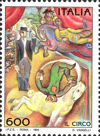 Francobollo Prestigiatore, Acrobata e Cavallo -  1994