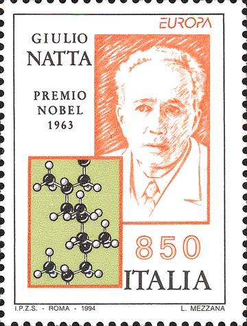 Francobollo Ritratto di Giulio Natta e Struttura del Polipropilene -  1994