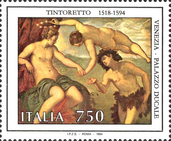 Francobollo Arianna, Venere e Bacco, Dipinto del Tintoretto -  1994