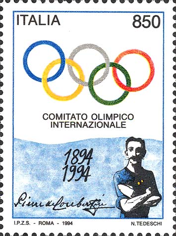 Francobollo Ritratto di de Coubertin e Anelli Olimpici -  1994